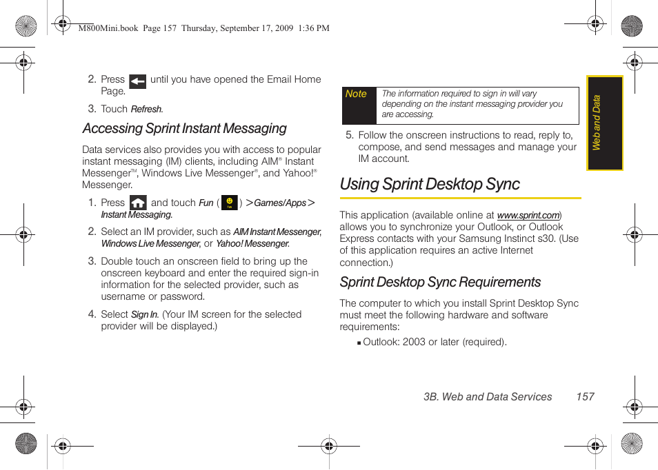 Accessing sprint instant messaging, Using sprint desktop sync, Sprint desktop sync requirements | Samsung SPH-M810HAASPR User Manual | Page 169 / 235