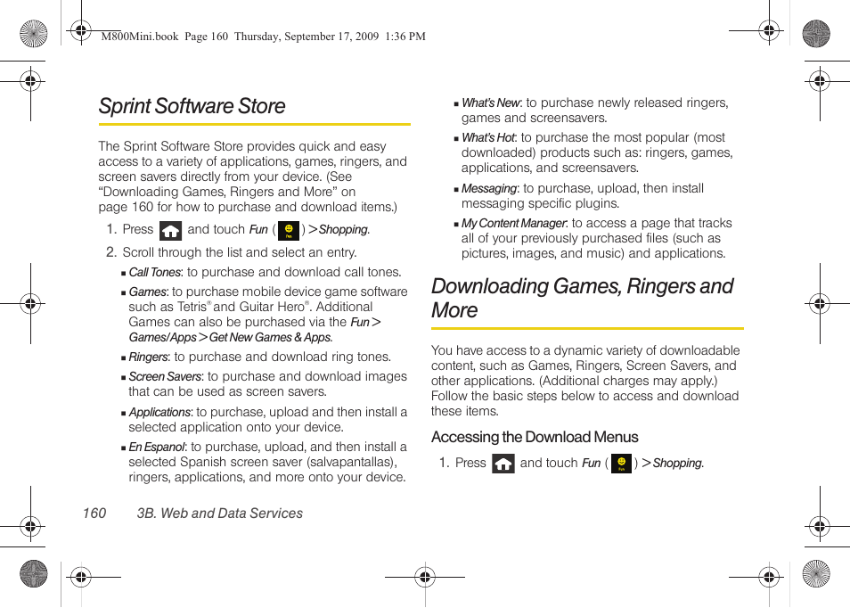 Sprint software store, Downloading games, ringers and more | Samsung SPH-M810HAASPR User Manual | Page 172 / 235