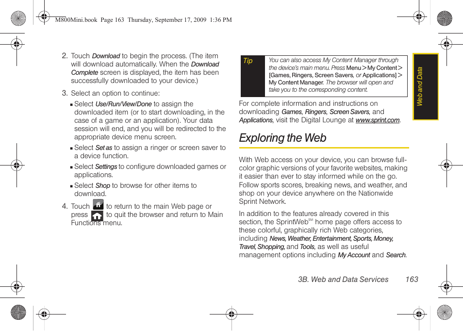 Exploring the web | Samsung SPH-M810HAASPR User Manual | Page 175 / 235