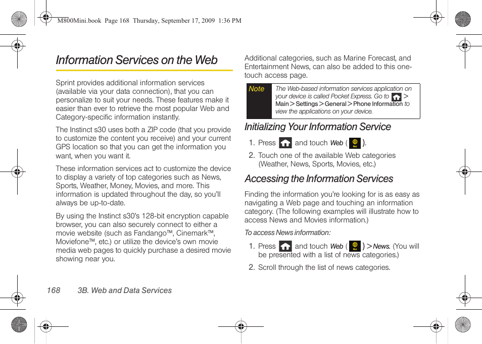 Information services on the web, Initializing your information service, Accessing the information services | Samsung SPH-M810HAASPR User Manual | Page 180 / 235