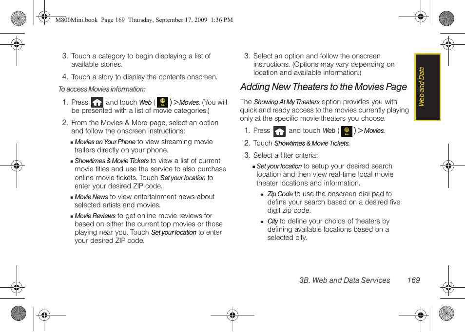 Adding new theaters to the movies page | Samsung SPH-M810HAASPR User Manual | Page 181 / 235