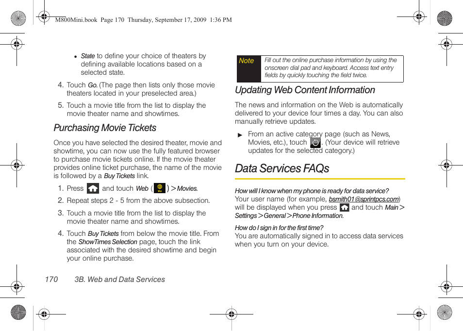 Purchasing movie tickets, Updating web content information, Data services faqs | Samsung SPH-M810HAASPR User Manual | Page 182 / 235