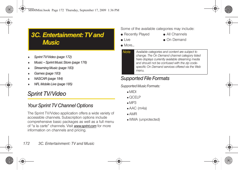 3c. entertainment: tv and music, Sprint tv/video, Your sprint tv channel options | Supported file formats | Samsung SPH-M810HAASPR User Manual | Page 184 / 235