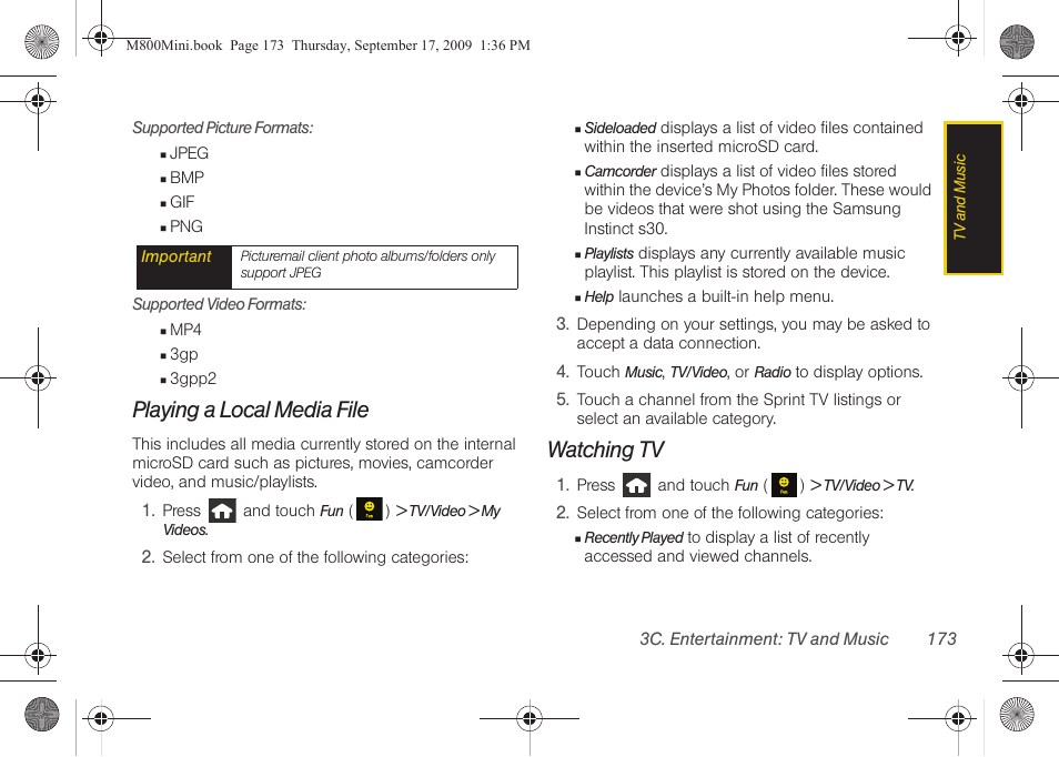 Playing a local media file, Watching tv | Samsung SPH-M810HAASPR User Manual | Page 185 / 235