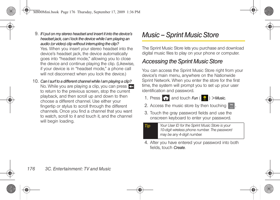 Music – sprint music store, Accessing the sprint music store | Samsung SPH-M810HAASPR User Manual | Page 188 / 235