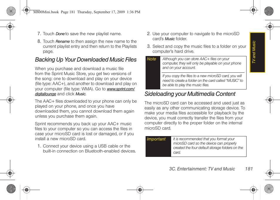 Backing up your downloaded music files, Sideloading your multimedia content | Samsung SPH-M810HAASPR User Manual | Page 193 / 235