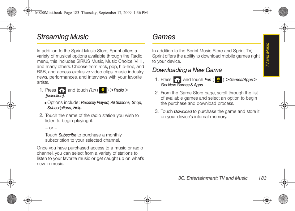 Streaming music, Games, Downloading a new game | Samsung SPH-M810HAASPR User Manual | Page 195 / 235