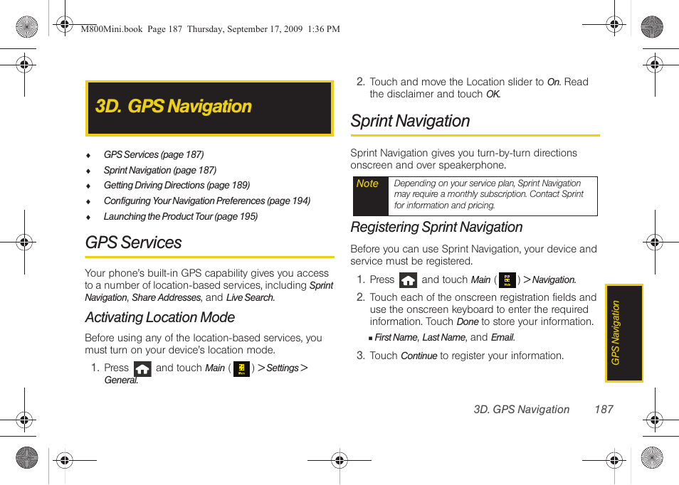 3d. gps navigation, Gps services, Activating location mode | Sprint navigation, Registering sprint navigation | Samsung SPH-M810HAASPR User Manual | Page 199 / 235