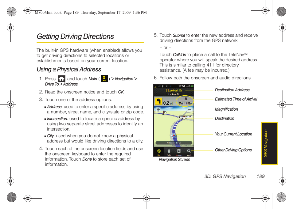 Getting driving directions, Using a physical address | Samsung SPH-M810HAASPR User Manual | Page 201 / 235