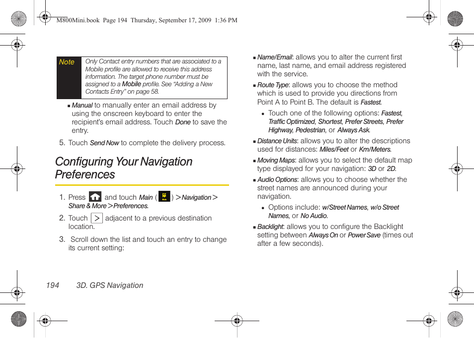 Configuring your navigation preferences | Samsung SPH-M810HAASPR User Manual | Page 206 / 235