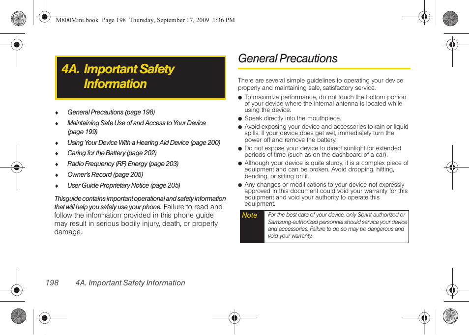 4a. important safety information, General precautions | Samsung SPH-M810HAASPR User Manual | Page 210 / 235