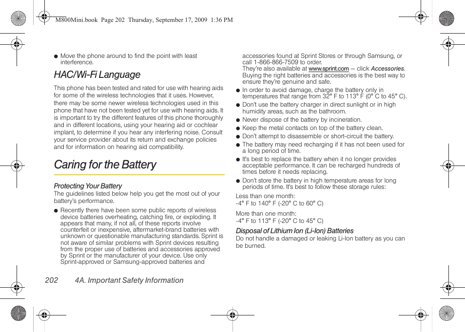 Hac/wi-fi language, Caring for the battery | Samsung SPH-M810HAASPR User Manual | Page 214 / 235