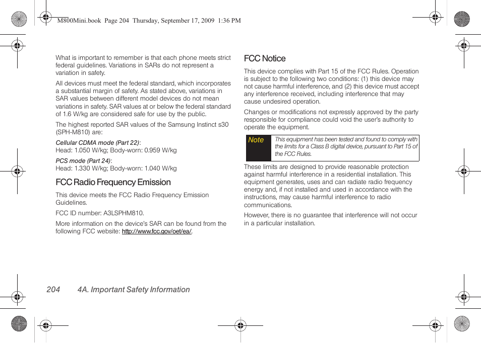 Fcc radio frequency emission, Fcc notice | Samsung SPH-M810HAASPR User Manual | Page 216 / 235