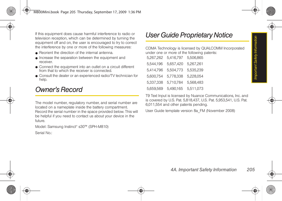 Owner’s record, User guide proprietary notice | Samsung SPH-M810HAASPR User Manual | Page 217 / 235