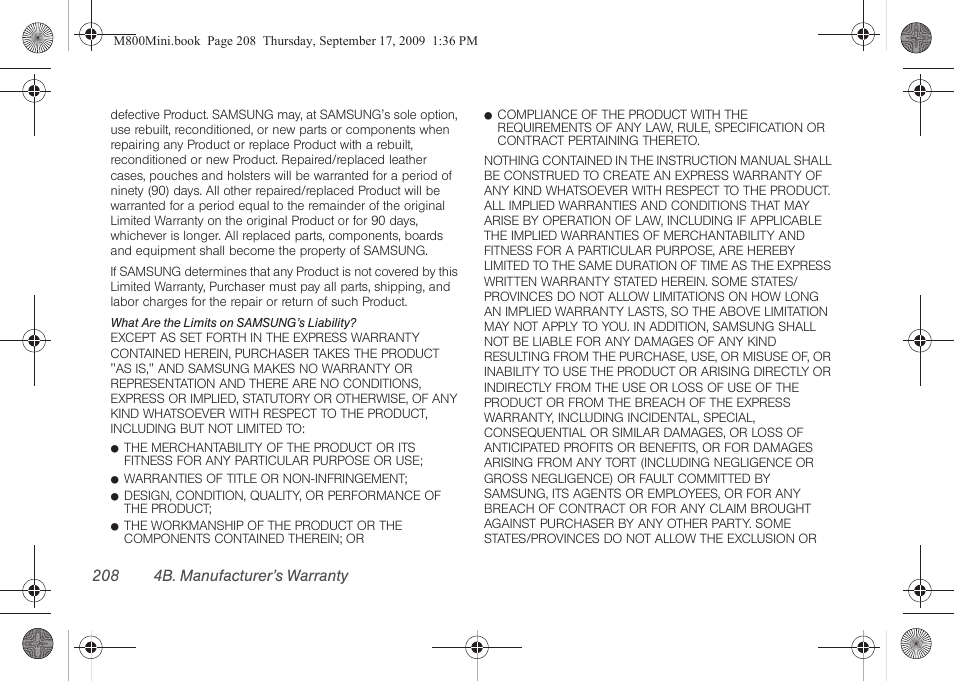 208 4b. manufacturer’s warranty | Samsung SPH-M810HAASPR User Manual | Page 220 / 235