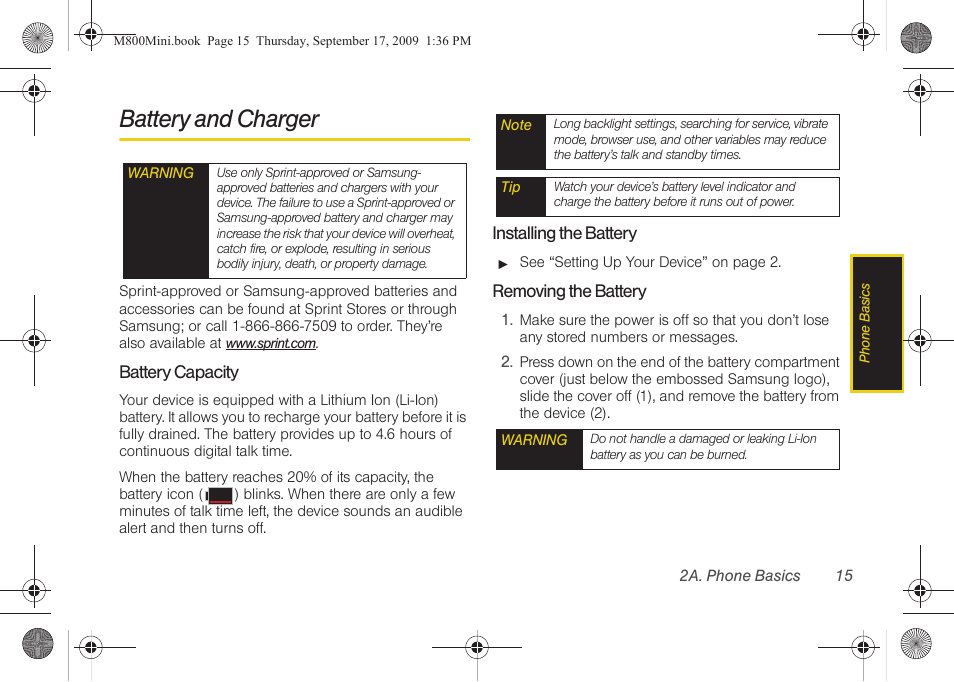 Battery and charger | Samsung SPH-M810HAASPR User Manual | Page 27 / 235