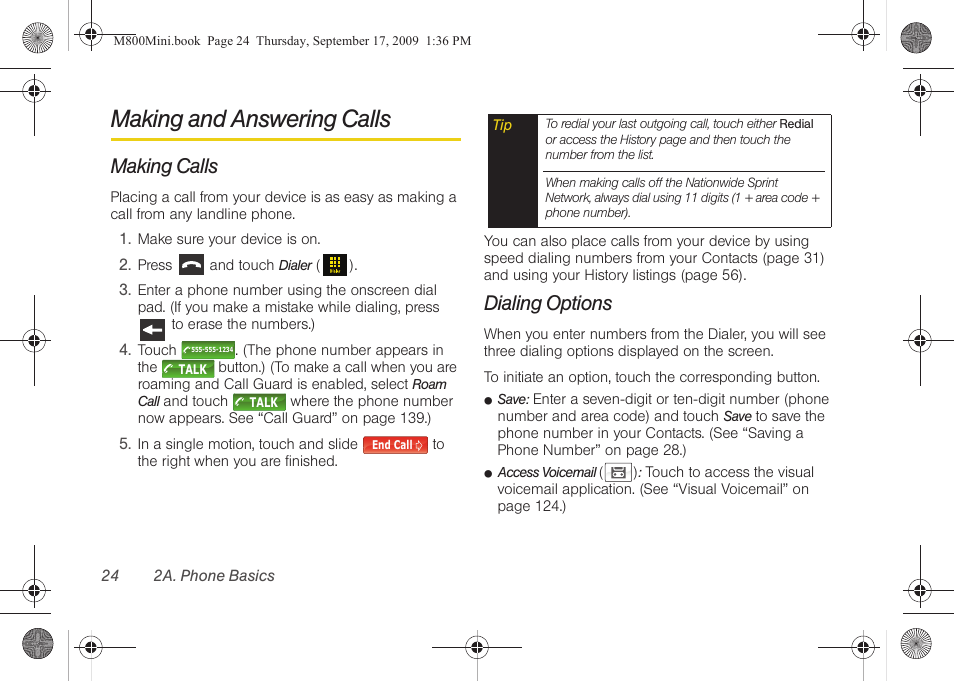 Making and answering calls, Making calls, Dialing options | Samsung SPH-M810HAASPR User Manual | Page 36 / 235