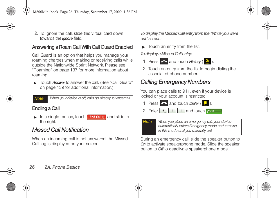 Missed call notification, Calling emergency numbers | Samsung SPH-M810HAASPR User Manual | Page 38 / 235