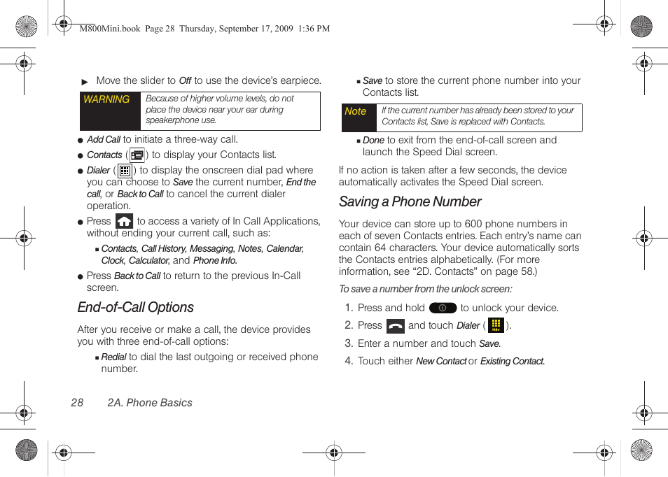 End-of-call options, Saving a phone number | Samsung SPH-M810HAASPR User Manual | Page 40 / 235