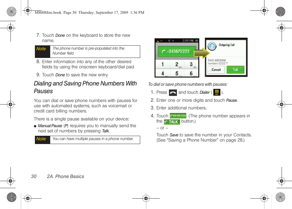 Dialing and saving phone numbers with pauses | Samsung SPH-M810HAASPR User Manual | Page 42 / 235