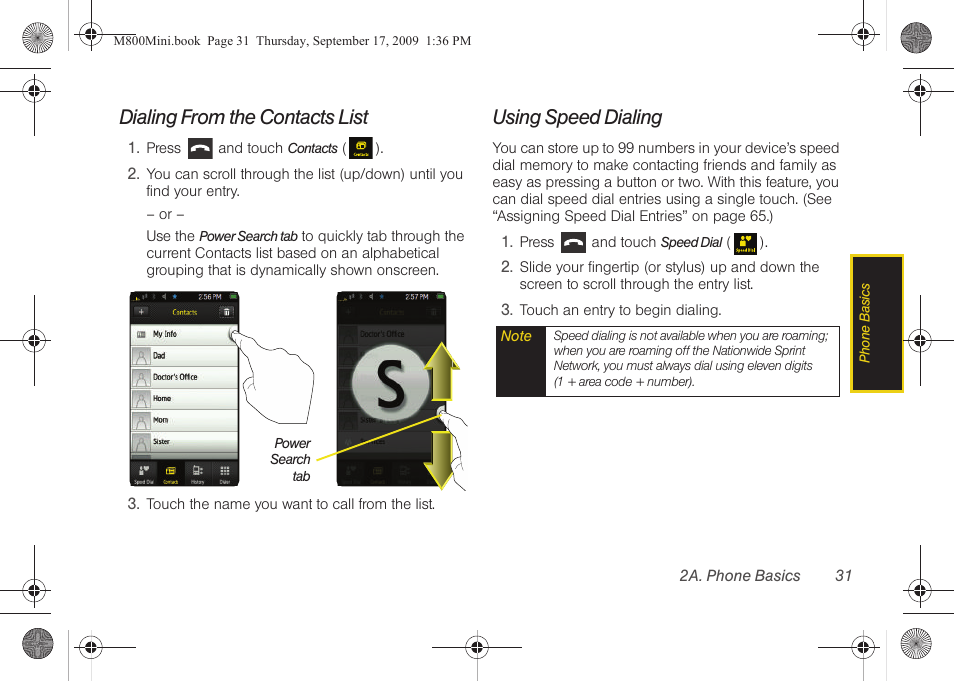 Dialing from the contacts list, Using speed dialing | Samsung SPH-M810HAASPR User Manual | Page 43 / 235