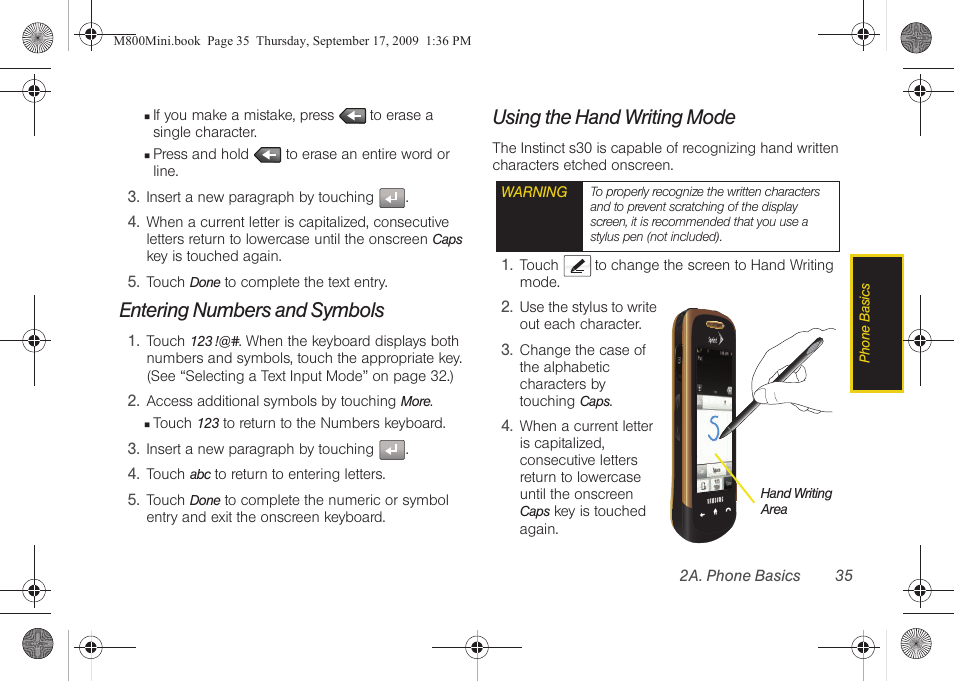 Entering numbers and symbols, Using the hand writing mode | Samsung SPH-M810HAASPR User Manual | Page 47 / 235