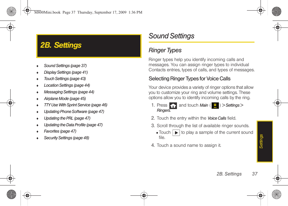 2b. settings, Sound settings, Ringer types | Samsung SPH-M810HAASPR User Manual | Page 49 / 235