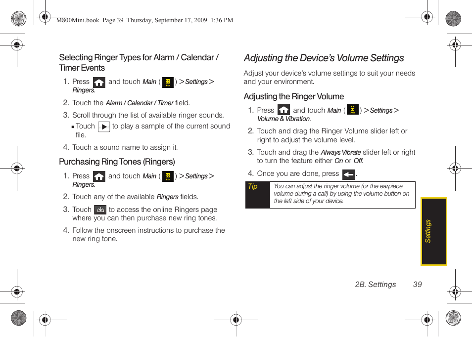 Adjusting the device’s volume settings | Samsung SPH-M810HAASPR User Manual | Page 51 / 235