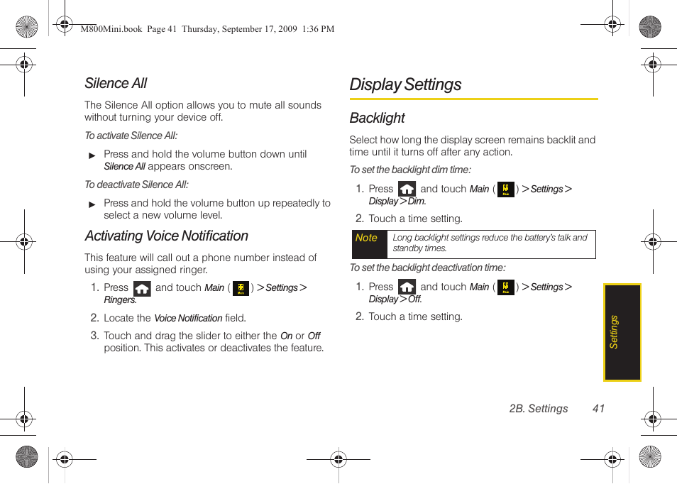 Silence all, Activating voice notification, Display settings | Backlight | Samsung SPH-M810HAASPR User Manual | Page 53 / 235