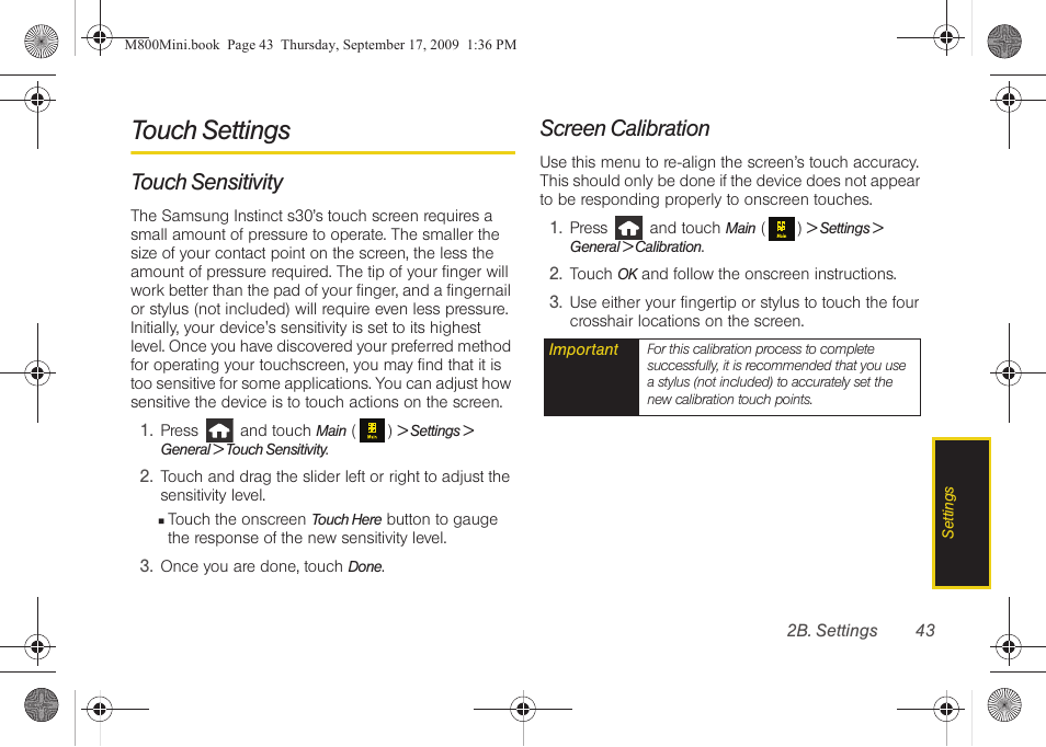 Touch settings, Touch sensitivity, Screen calibration | Samsung SPH-M810HAASPR User Manual | Page 55 / 235