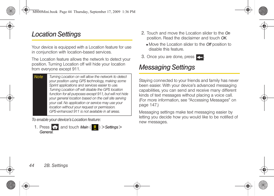 Location settings, Messaging settings | Samsung SPH-M810HAASPR User Manual | Page 56 / 235