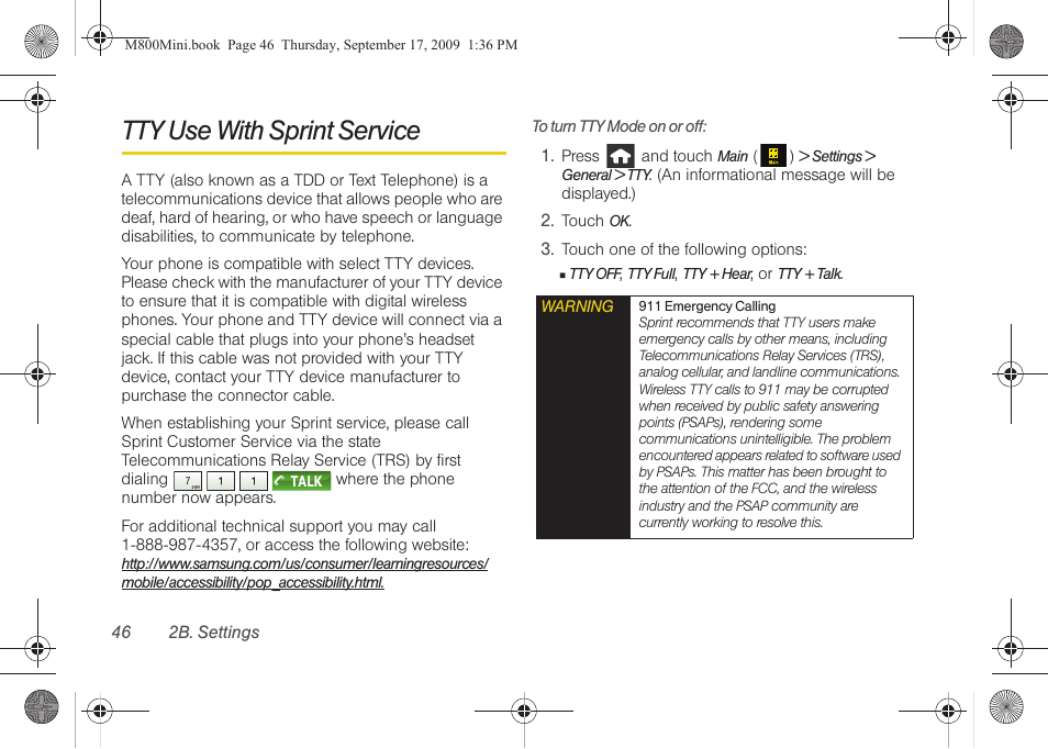 Tty use with sprint service | Samsung SPH-M810HAASPR User Manual | Page 58 / 235