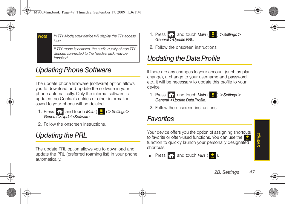 Updating phone software, Updating the prl, Updating the data profile | Favorites | Samsung SPH-M810HAASPR User Manual | Page 59 / 235