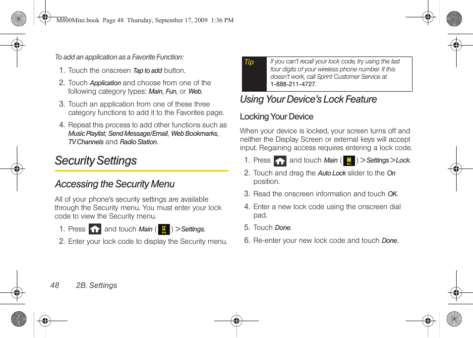 Security settings, Accessing the security menu, Using your device’s lock feature | Samsung SPH-M810HAASPR User Manual | Page 60 / 235