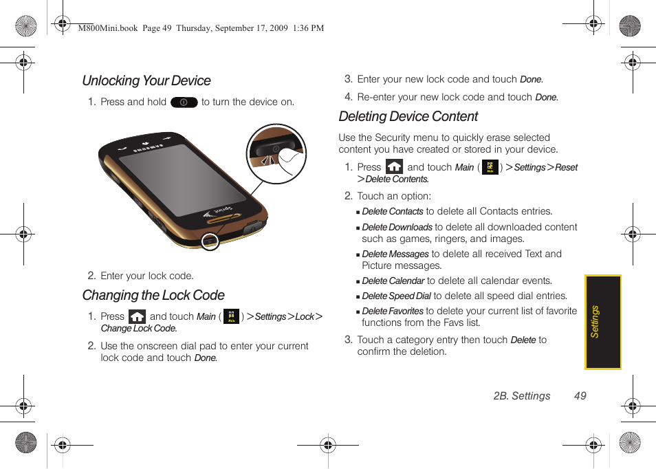 Unlocking your device, Changing the lock code, Deleting device content | Samsung SPH-M810HAASPR User Manual | Page 61 / 235