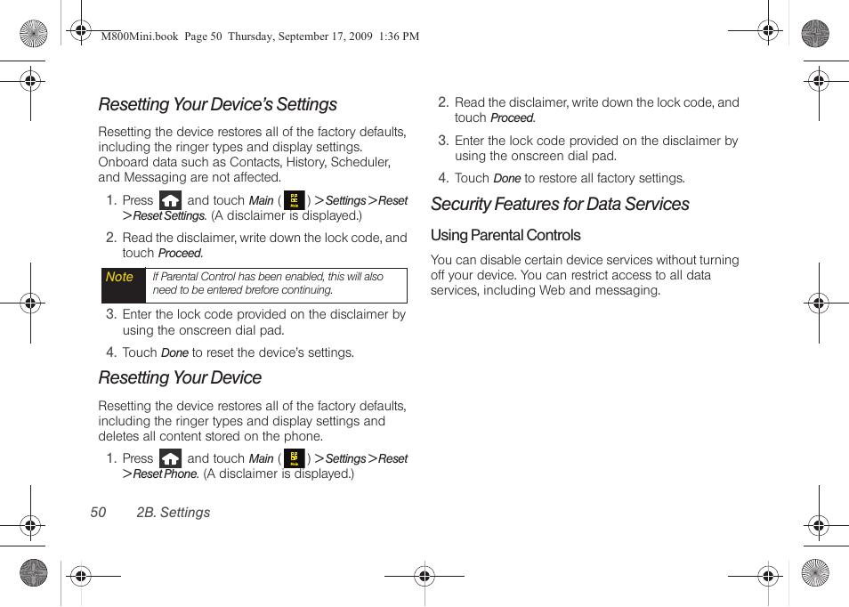 Resetting your device’s settings, Resetting your device, Security features for data services | Samsung SPH-M810HAASPR User Manual | Page 62 / 235