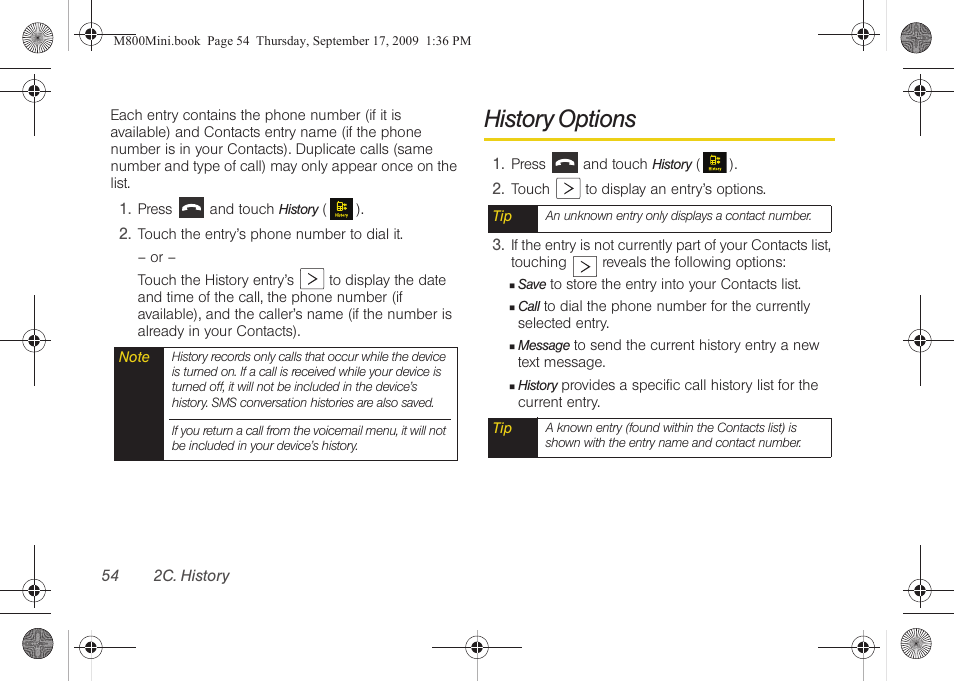 History options | Samsung SPH-M810HAASPR User Manual | Page 66 / 235