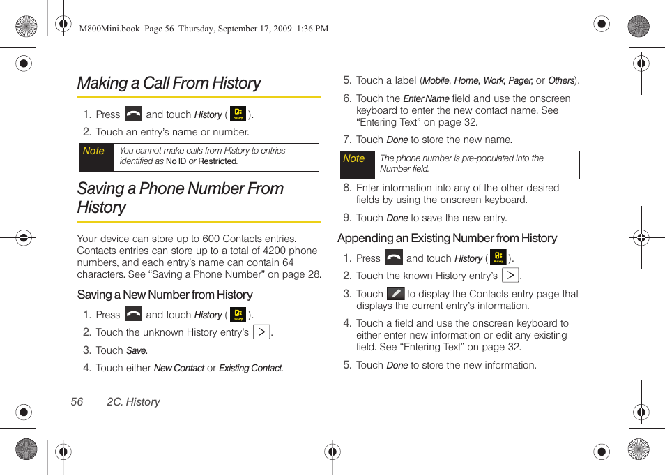 Making a call from history, Saving a phone number from history | Samsung SPH-M810HAASPR User Manual | Page 68 / 235