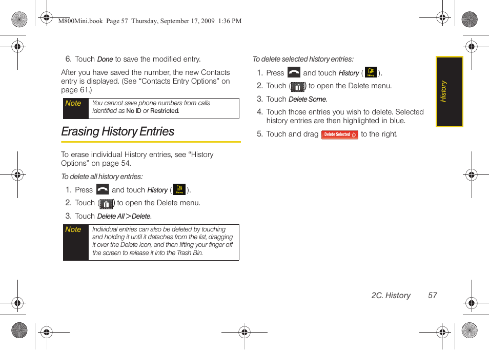 Erasing history entries | Samsung SPH-M810HAASPR User Manual | Page 69 / 235