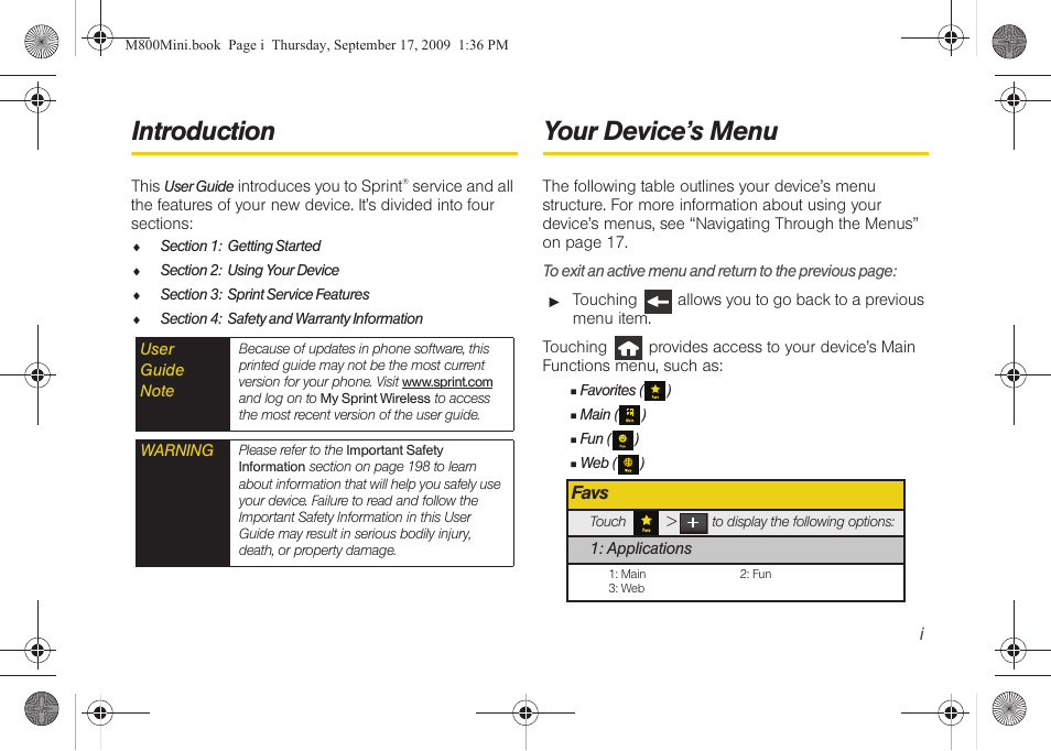 Introduction, Your device’s menu, Favs | Samsung SPH-M810HAASPR User Manual | Page 7 / 235