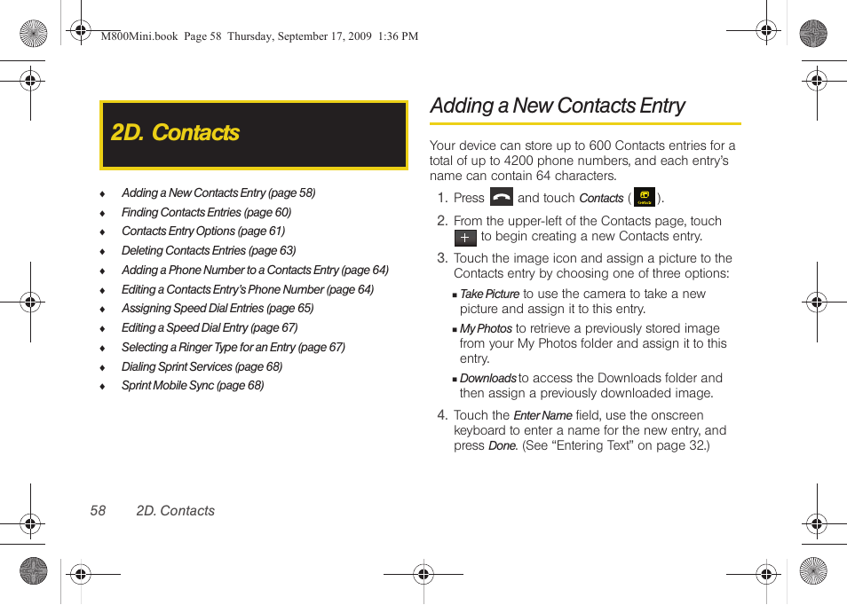 2d. contacts, Adding a new contacts entry | Samsung SPH-M810HAASPR User Manual | Page 70 / 235