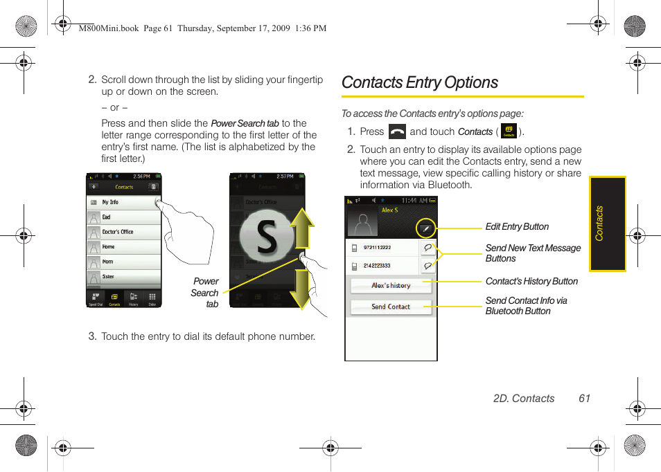 Contacts entry options | Samsung SPH-M810HAASPR User Manual | Page 73 / 235