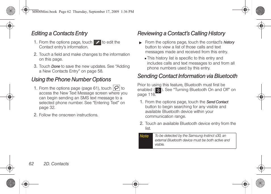 Editing a contacts entry, Using the phone number options, Reviewing a contact’s calling history | Sending contact information via bluetooth | Samsung SPH-M810HAASPR User Manual | Page 74 / 235