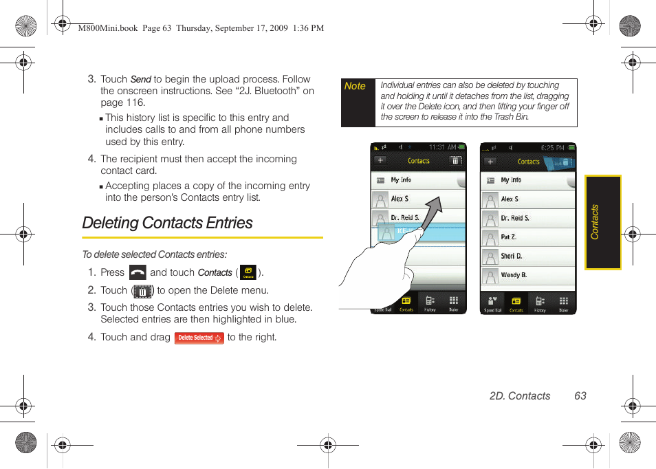 Deleting contacts entries | Samsung SPH-M810HAASPR User Manual | Page 75 / 235