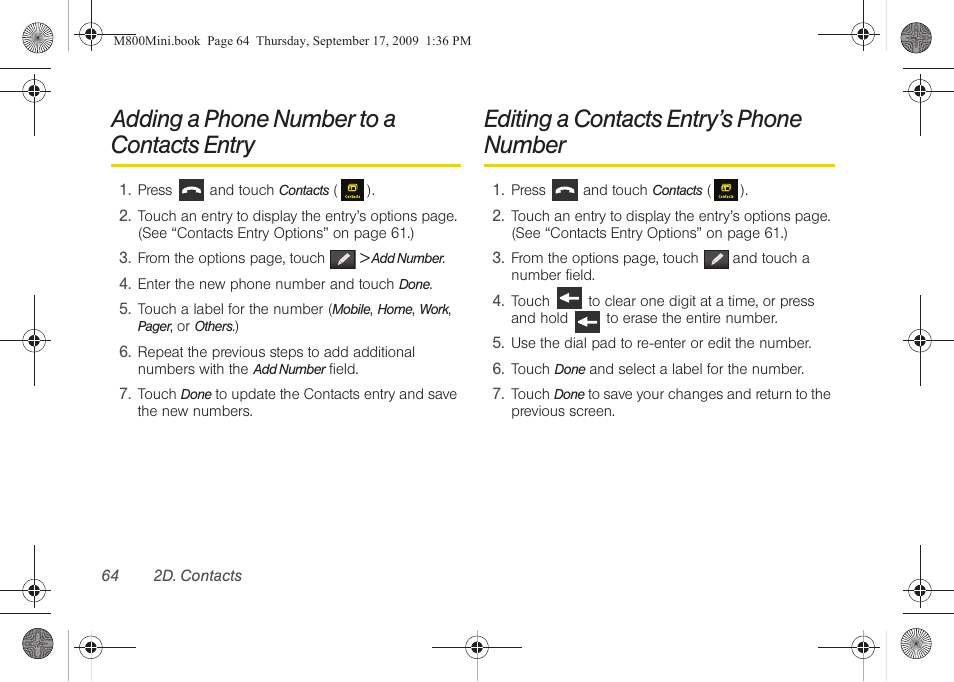 Adding a phone number to a contacts entry, Editing a contacts entry’s phone number | Samsung SPH-M810HAASPR User Manual | Page 76 / 235