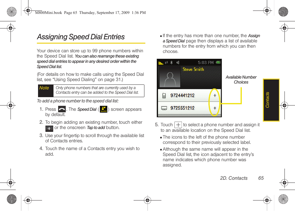 Assigning speed dial entries | Samsung SPH-M810HAASPR User Manual | Page 77 / 235