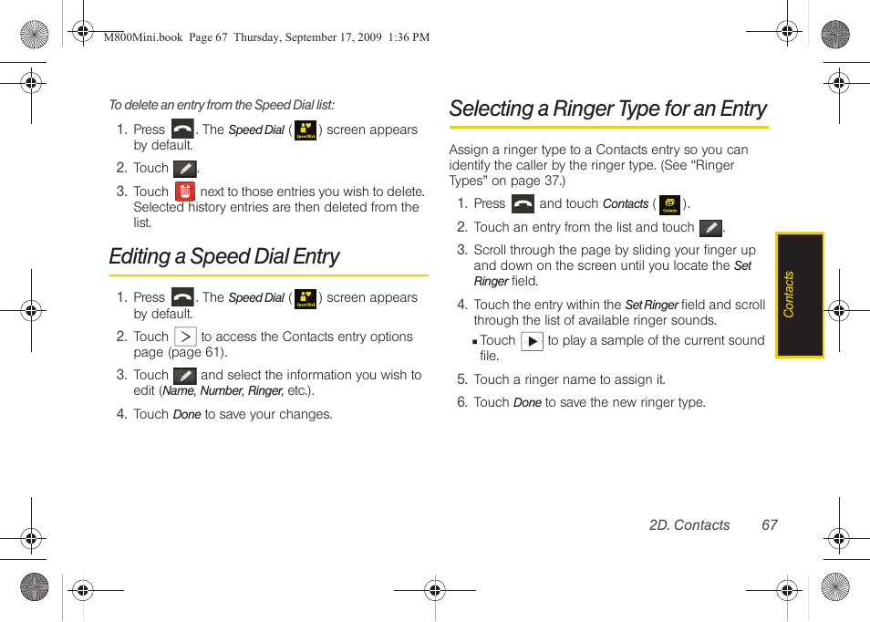 Editing a speed dial entry, Selecting a ringer type for an entry | Samsung SPH-M810HAASPR User Manual | Page 79 / 235