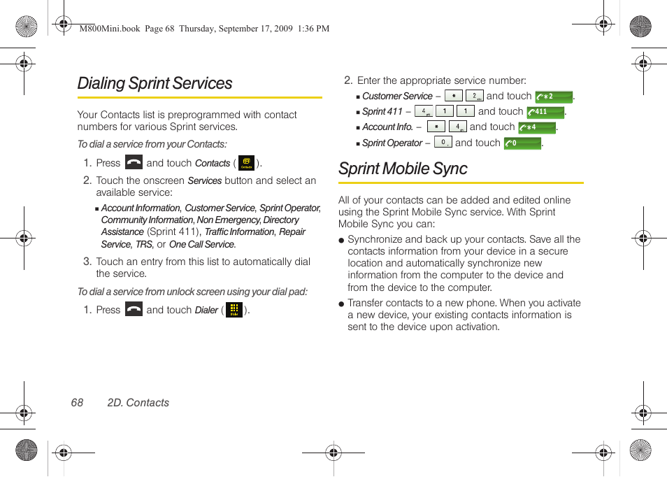 Dialing sprint services, Sprint mobile sync | Samsung SPH-M810HAASPR User Manual | Page 80 / 235