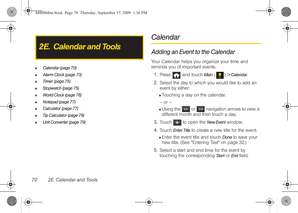 2e. calendar and tools, Calendar, Adding an event to the calendar | Samsung SPH-M810HAASPR User Manual | Page 82 / 235