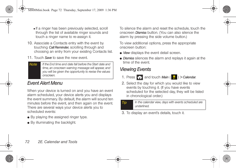 Event alert menu, Viewing events | Samsung SPH-M810HAASPR User Manual | Page 84 / 235